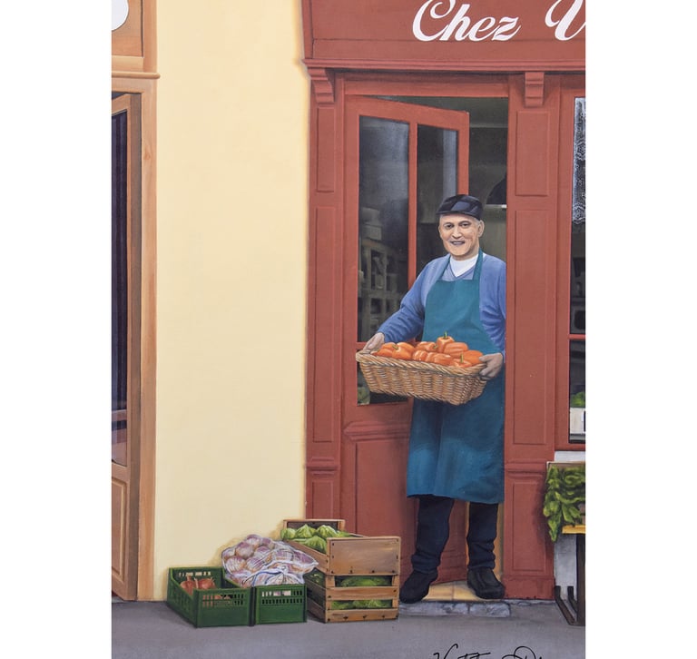 Détail d'une fresque sur façade: un maraîcher sort de son magasin avec un panier de légumes. Jura 39