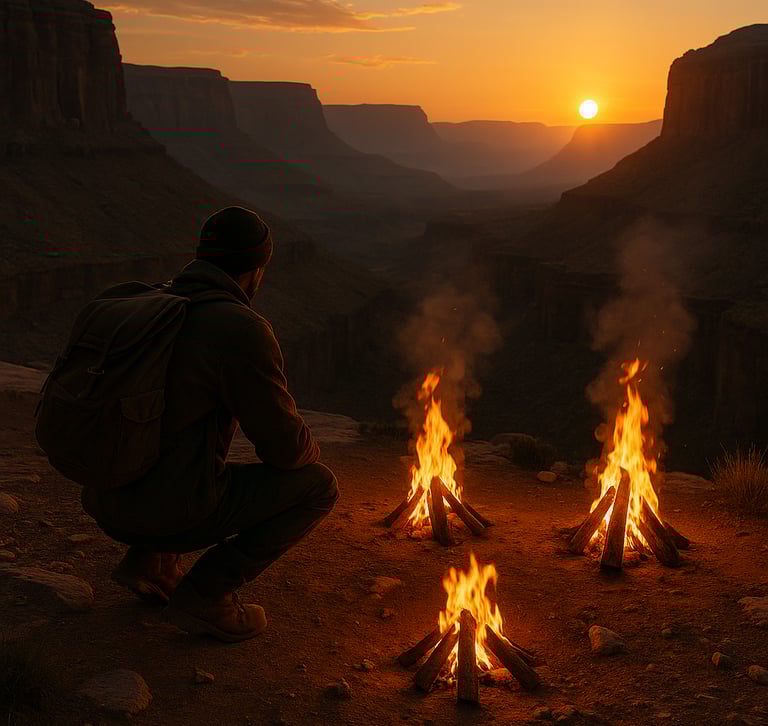 Camper sitting near three lit fires at canyon overlook during sunset, illustrating wilderness firecraft, solitude, and backco