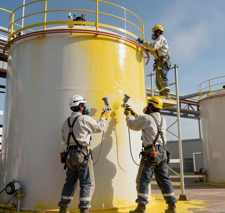 Professional painter using a roller to evenly coat a commercial building facade in medium blue.