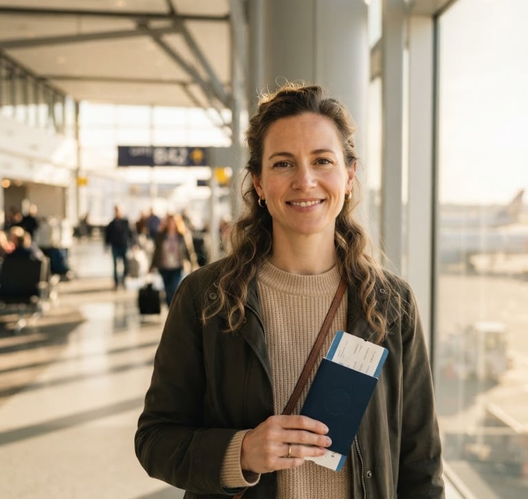 A calm traveler in a modern, sunlit airport terminal holding a passport and boarding pass, clean architectural lines, warm gold sunlight, shallow depth of field