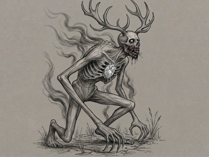 Dark cryptid artwork of the Wendigo, a legendary monster from folklore and paranormal cryptid