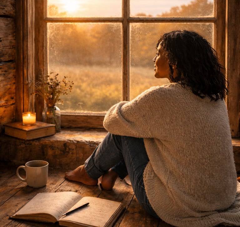 a woman sitting on a wooden floor in a cabin