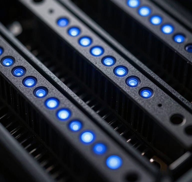 Extreme close-up macro photograph of high-end server hardware, cold blue LED status lights reflecting off dark brushed metal, sharp shadow lines, technical precision, 35mm