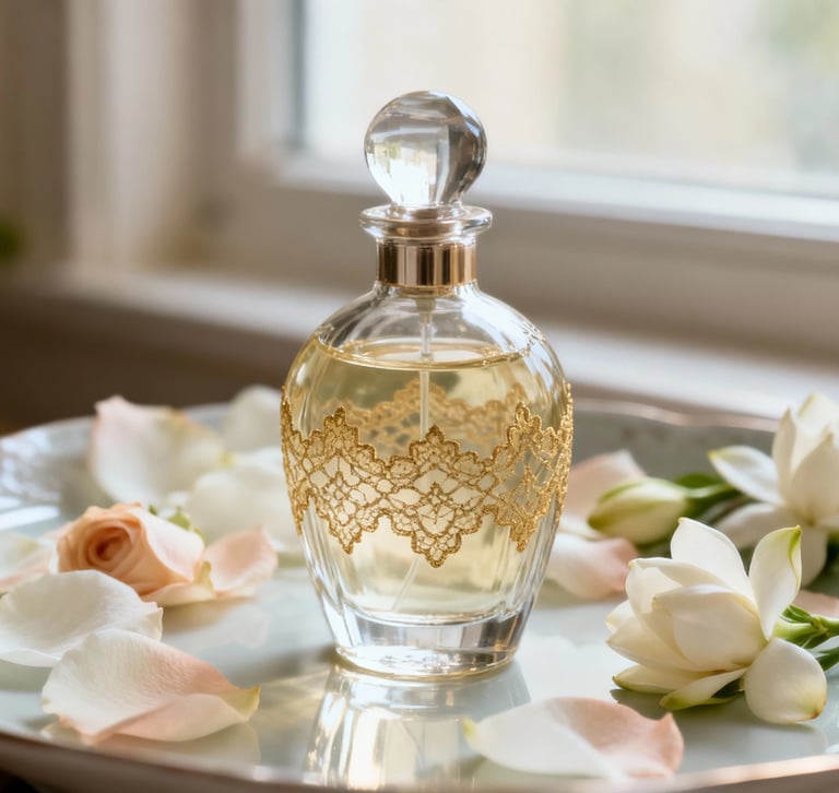 refined fragrance bottle with floral notes on a soft surface in natural light