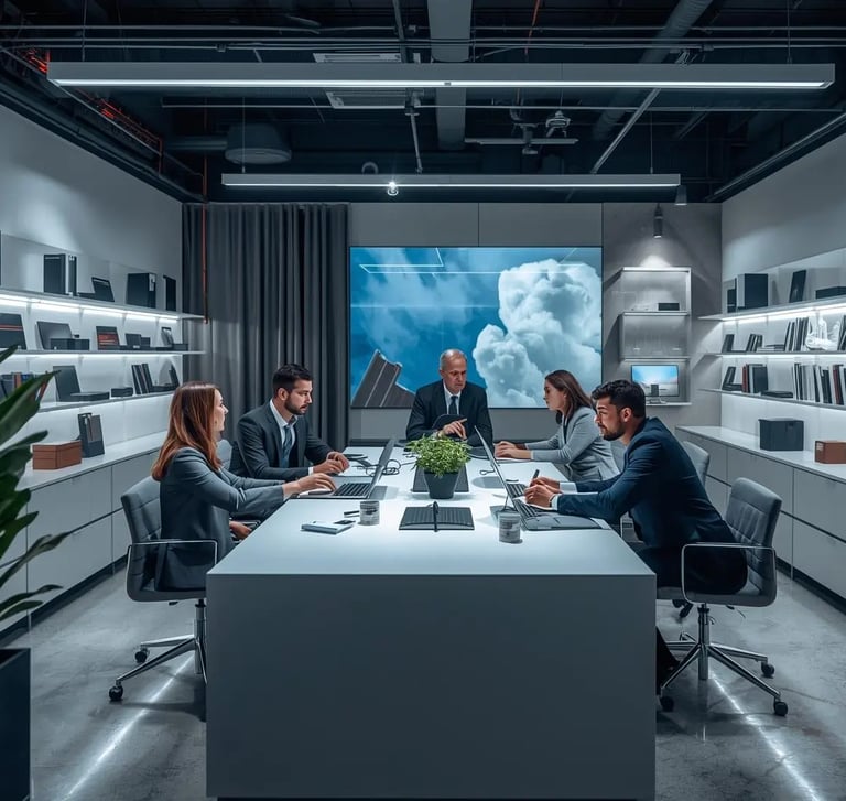 a group of people sitting around a table with a large screen