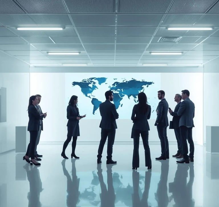 a group of business people standing in a room