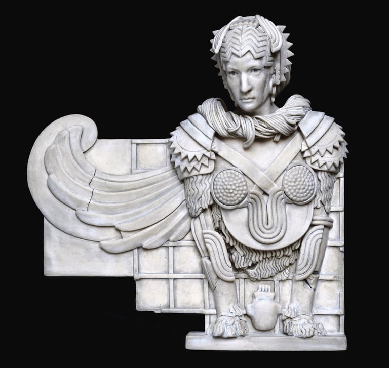Small ceramic wall sculpture of a winged female Sphinx.