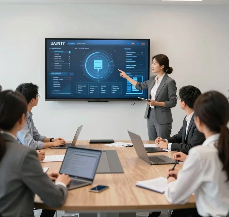 A collaborative corporate training session in a bright, modern conference room, where an instructor shows a clear security interface on a wall screen to engaged professionals.