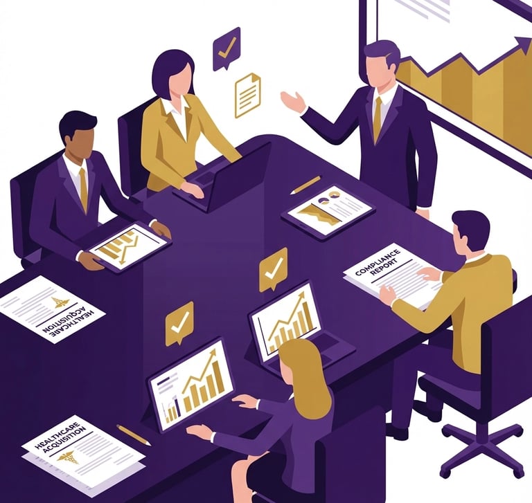 Business meeting scene with healthcare executives reviewing acquisition documents and compliance rep