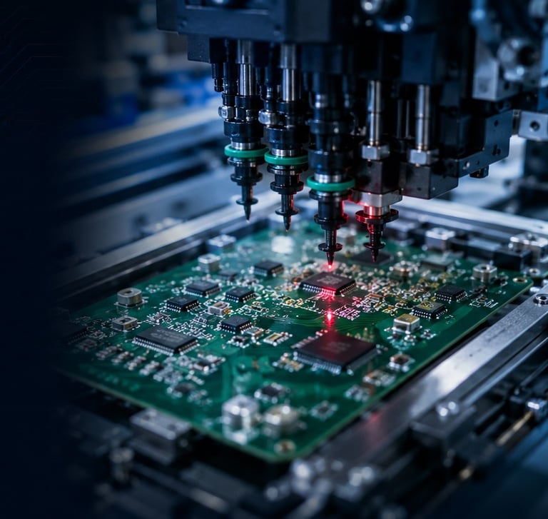 SMT pick-and-place assembly line at Peakingtech's electronics manufacturing facility in Shenzhen