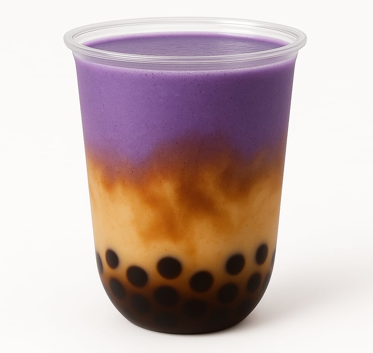 Layered taro milk tea with brown sugar boba pearls in a plastic cup over a white background.
