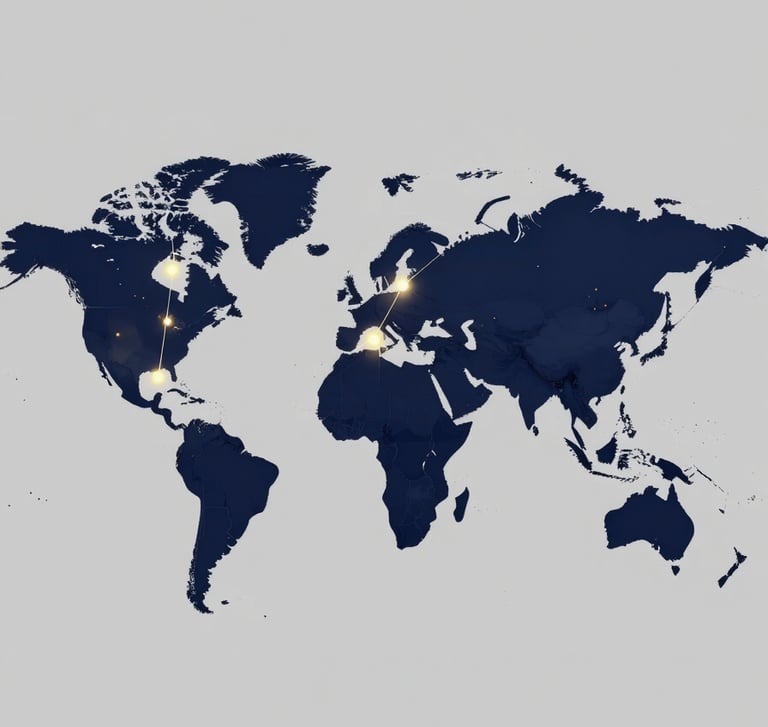 A stylized world map with glowing nodes connecting Cairo to major US cities like New York and Los Angeles. Minimalist design with navy and gold accents.