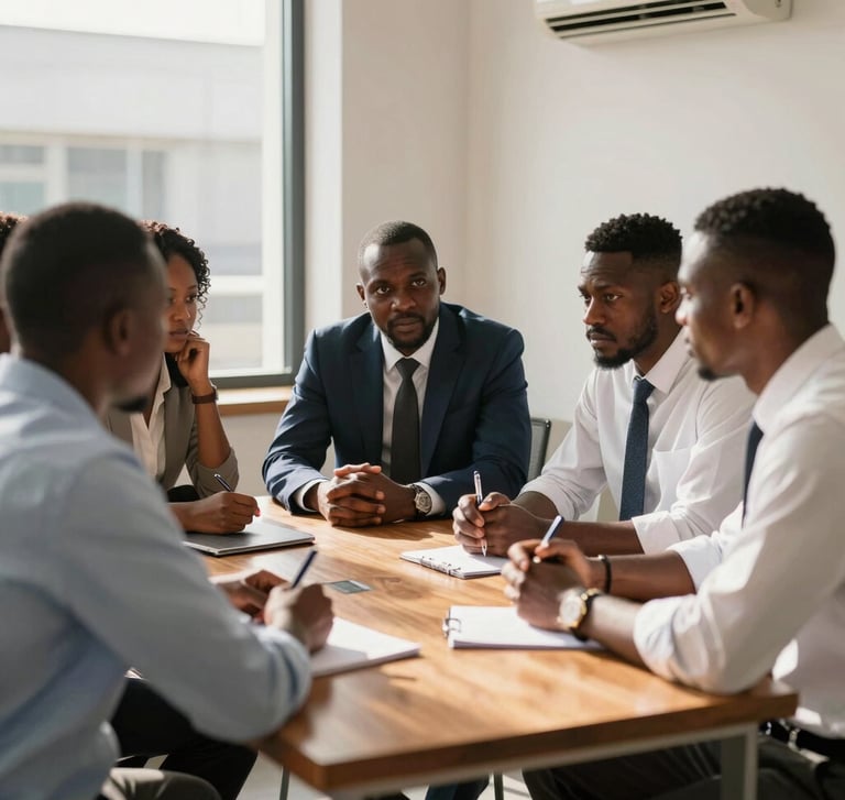 A professional Ghanaian team in a sunlit Accra office, discussing strategy around a wooden table, warm natural daylight, medium shot