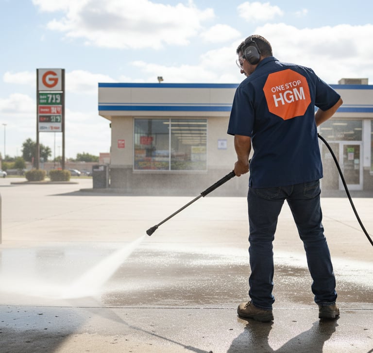a man in a blue shirt is using a pressure washer to clean a gas station