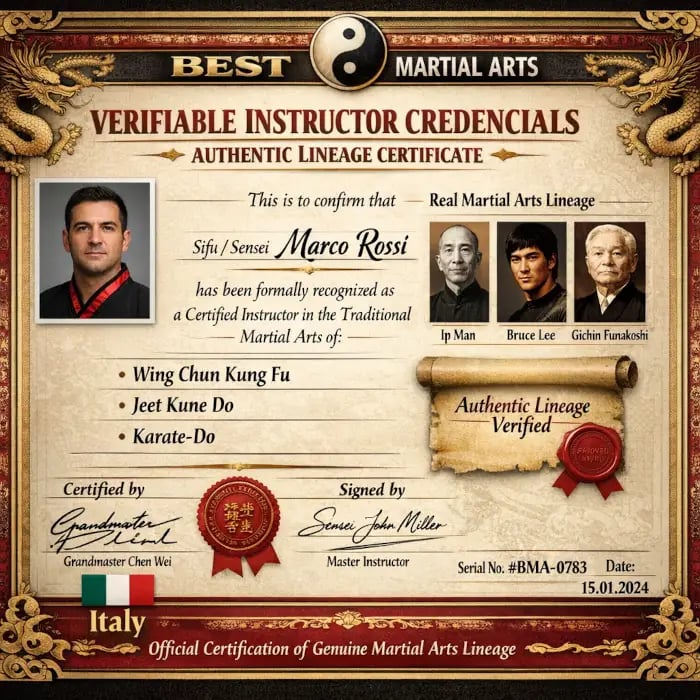 Certificate titled “Verifiable Instructor Credentials – Authentic Lineage Certificate” from BEST Mar