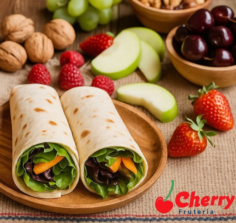 Mantel con wraps, frutas y nueces.