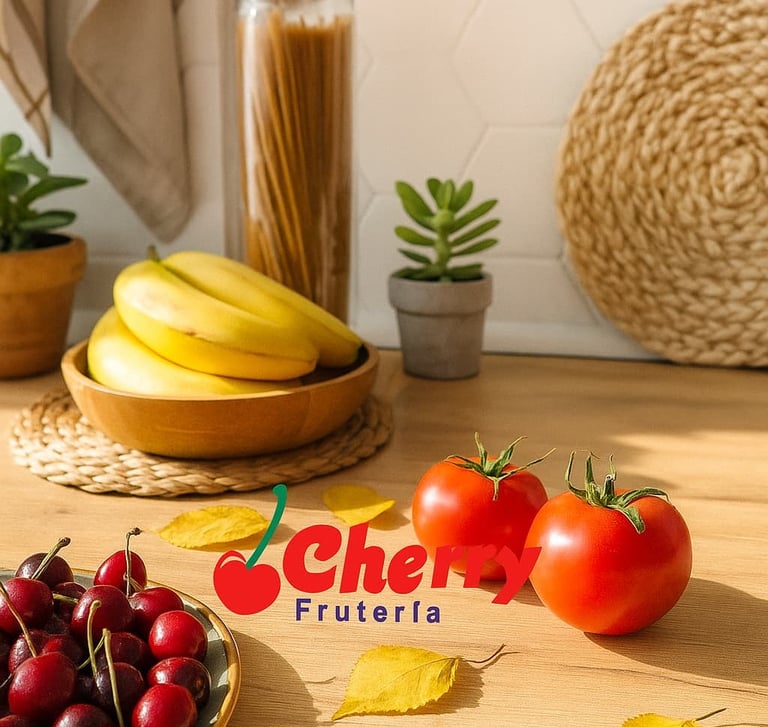 – Cocina ordenada con frutas y plantas visibles.