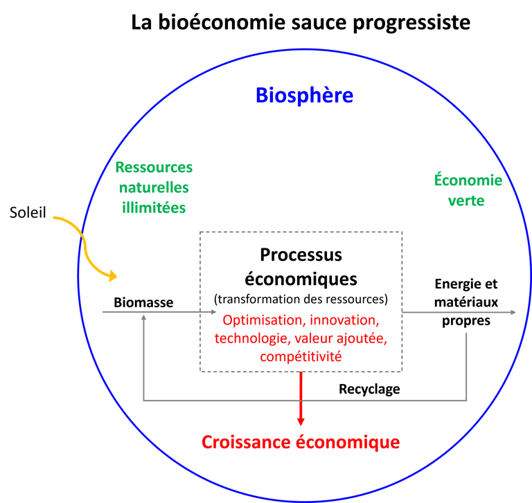 Schéma de la bioéconomie moderne, dans laquelle l'innovation est centrale et la sobriété oubliée