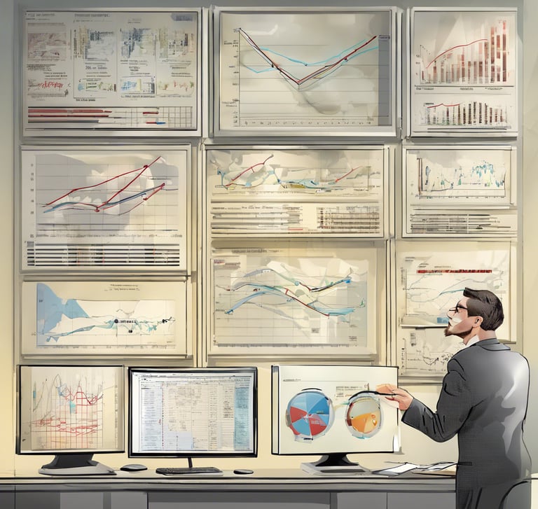 a man in a suit and tie is pointing at a wall with graphs