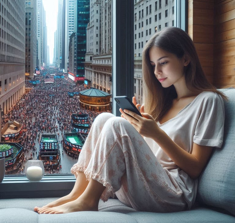 A young woman sitting comfortably on the coach in a busy exchange market