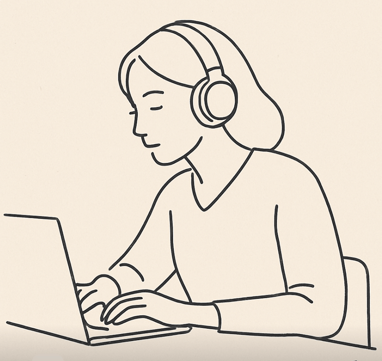 Line drawing of woman at a desk with headphones, working on creative work