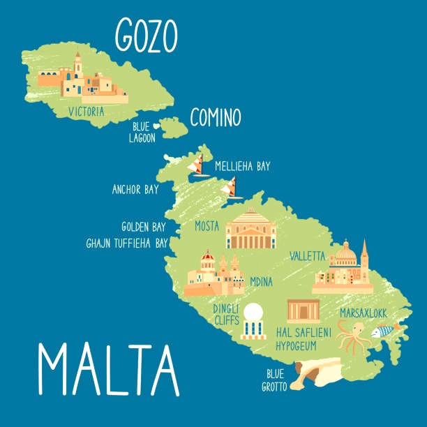 Illustrated tourist map of Malta, Gozo, and Comino featuring landmarks like Valletta and Mdina.