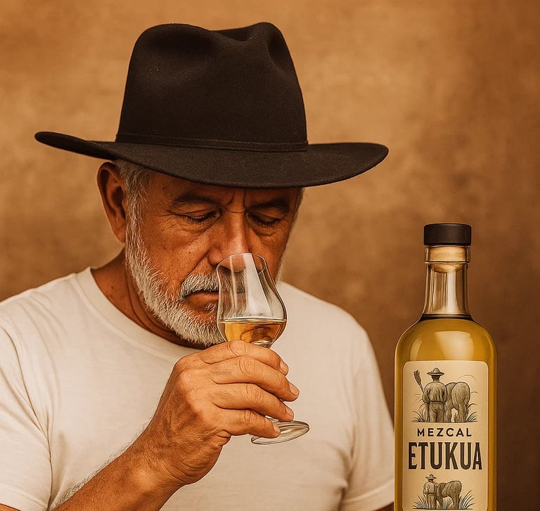 Maestro mezcalero experimentado evaluando aromas durante proceso de destilación