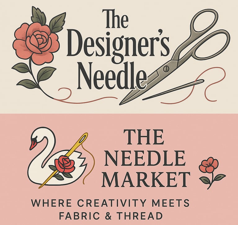 "The Needle Market and The Designer’s Needle banner design featuring a swan with a rose and needle, 