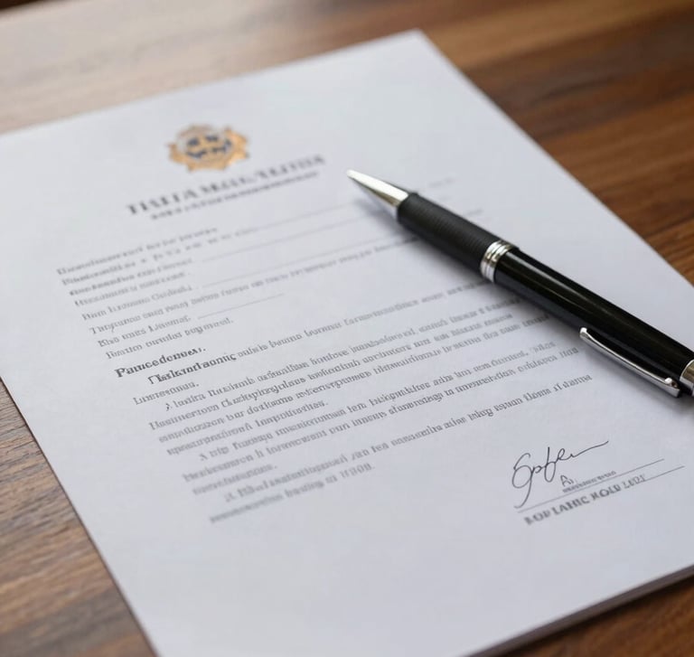 Close-up of a Balinese legal document spread on a wooden desk under soft north-facing window light, a pen resting diagonally across the page, paper texture visible