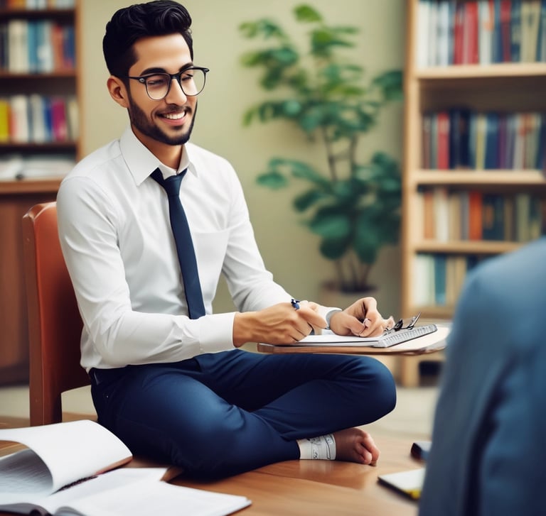 a man sitting at a desk with a laptop computer