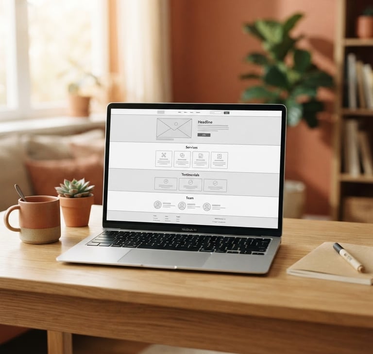 A sleek laptop displaying a clean service website wireframe, resting on a minimalist oak desk under soft morning window light, warm terracotta accents