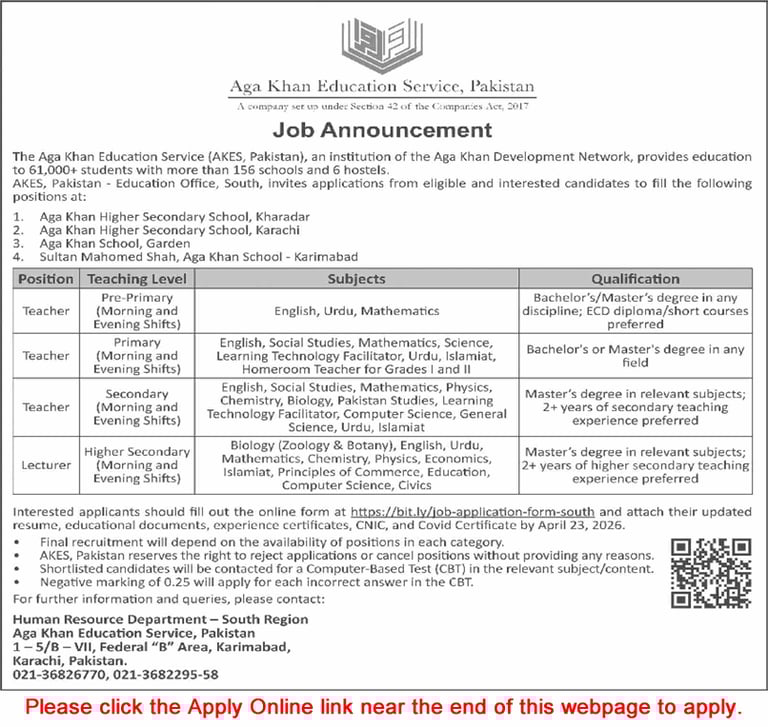 Aga Khan Education Service Karachi Jobs April 2026 latest teaching and lecturer vacancies apply online Pakistan