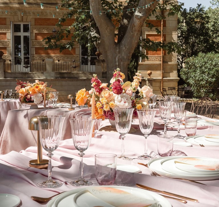 Décoration de table de mariage élégante, scénographie dans un domaine de réception en Provence