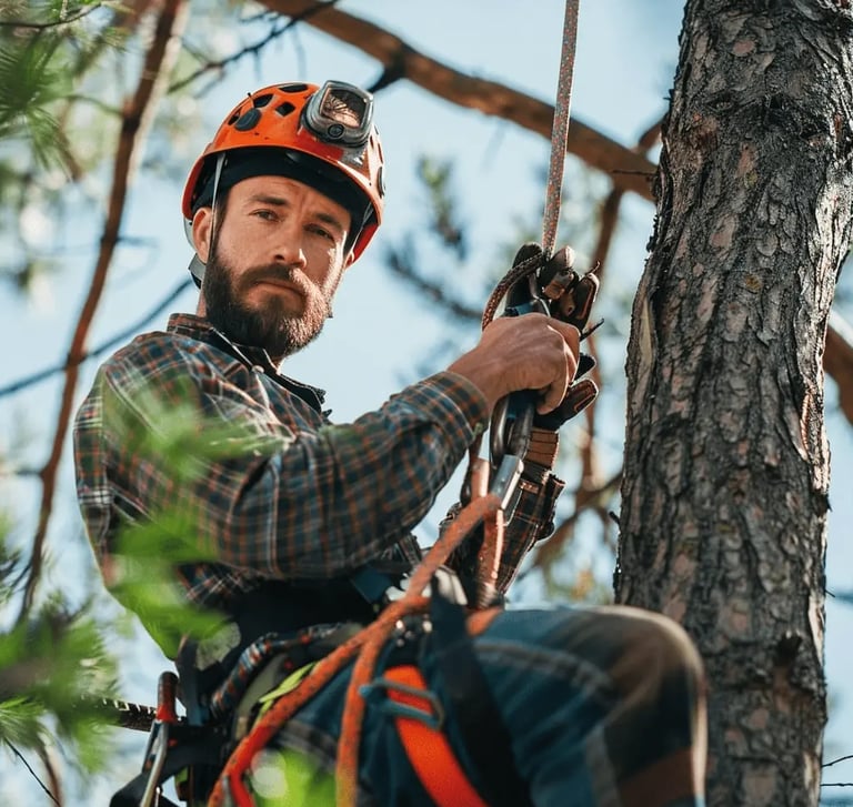 arborist in a safety harness up in a tree