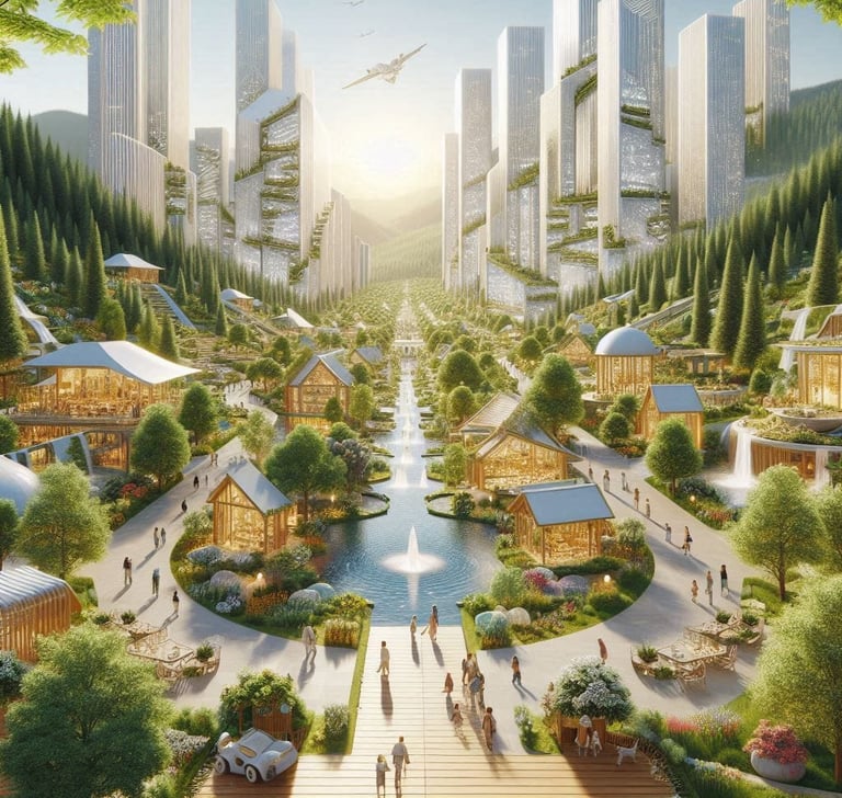 Cidade moderna e futurística com tecnologia e natureza, representando a Comunidade Modelo.