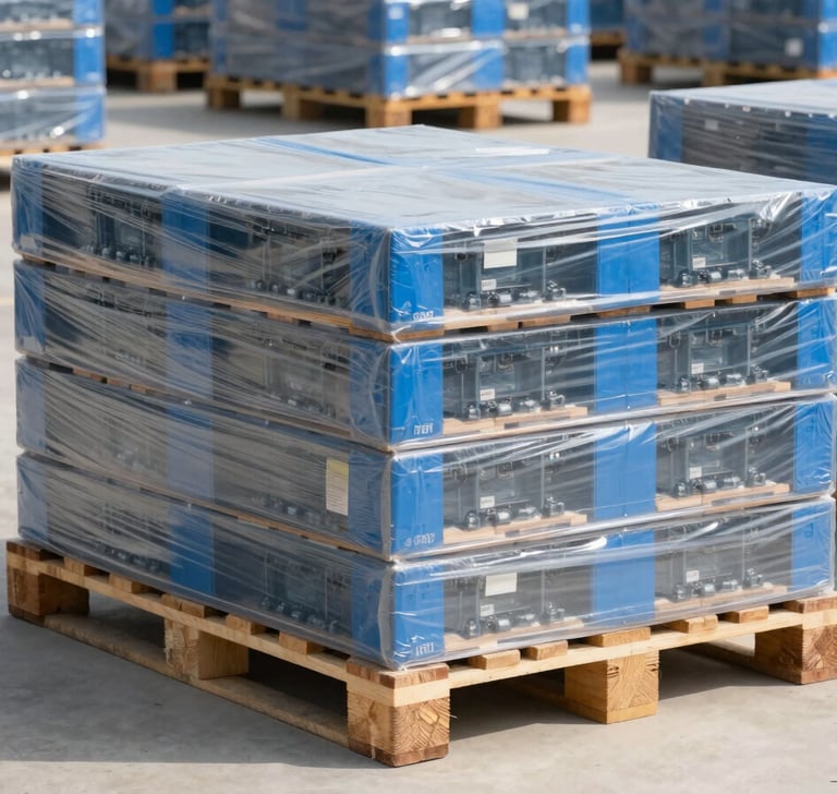 Pallets of electronic components stacked in a modern logistics hub, bright natural daylight, clean documentary style