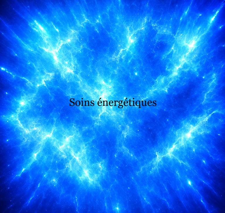 soins énergétiques écrits dans un ciel bleu parsemé d'éclairs
