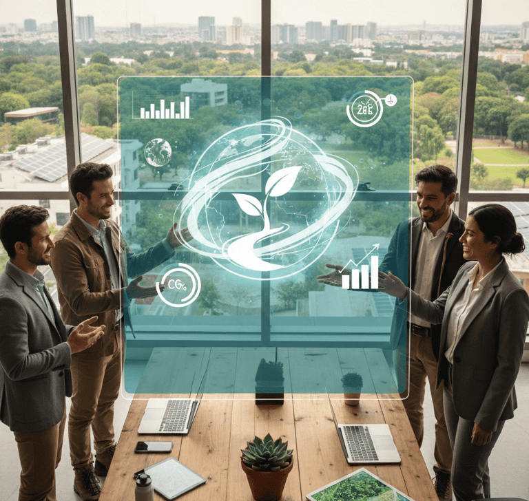 Equipo de consultoría analizando estrategias de sostenibilidad corporativa y gestión ambiental (ESG)