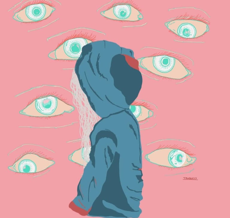 Una ilustración de una chica con una sudadera con capucha y ojos de fondo observándola