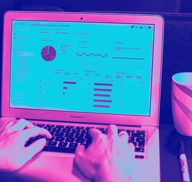 Typing on computer with analytics on webpage