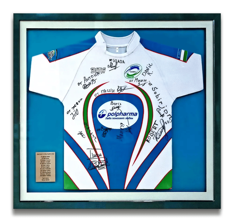 A rugby jersey framed in a Kuala Lumpur frame shop - TFG Frames Gallery.