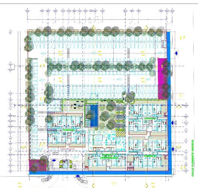 Detailed architectural site plan showing residential building layout, parking area, and landscaping design.