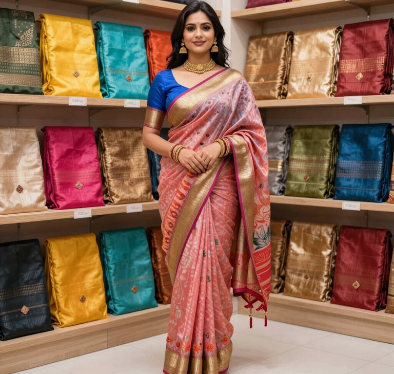A vibrant display of colorful designer sarees neatly arranged in the Rasm Sarees store.