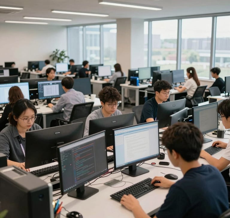Wide-angle view of a corporate training room interior, rows of workstations with monitors active, candidates seated mid-task at keyboards, clean ambient office lighting through large windows on the right, no faces prominently visible, environmental shot emphasizing the scale and activity of the space
