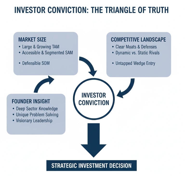Diagram showing how market size, competition, and founder insight combine to create investor convict