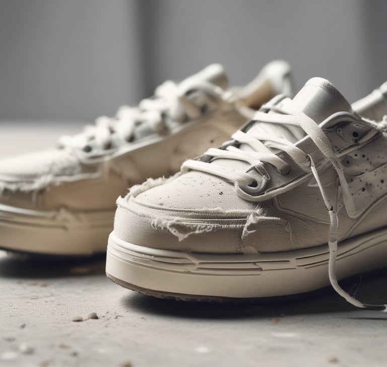 Distressed cream-colored canvas sneakers with frayed edges and thick rubber soles.