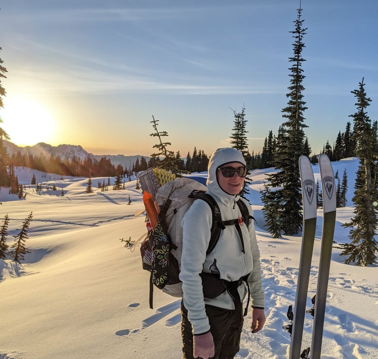 samantha on mazama ridge mt. rainier near sunset on a snowy winter day