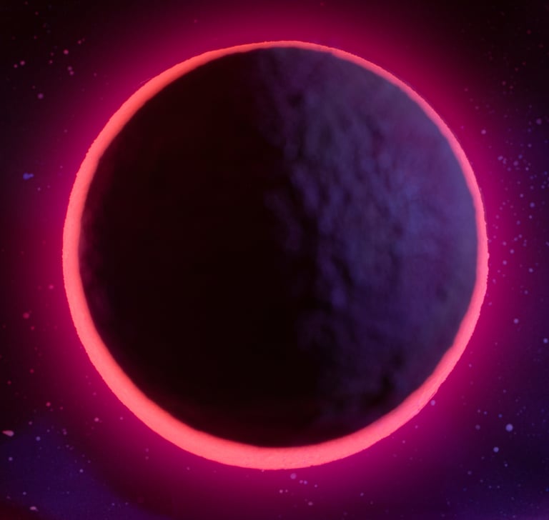 cercle lumineux rose entourant une planète mystérieuse dans l'espace