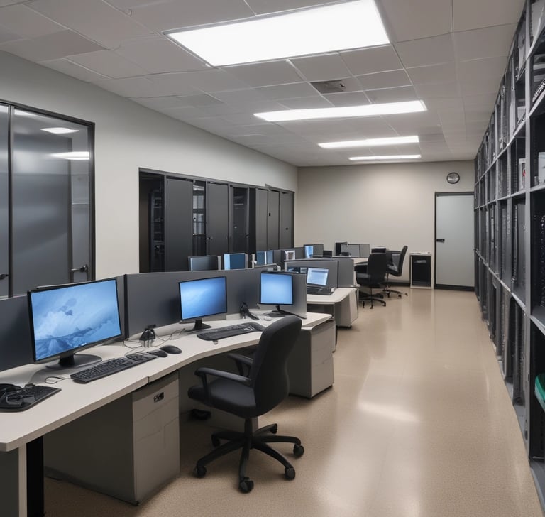 A clean and organized workspace with computers and tools.