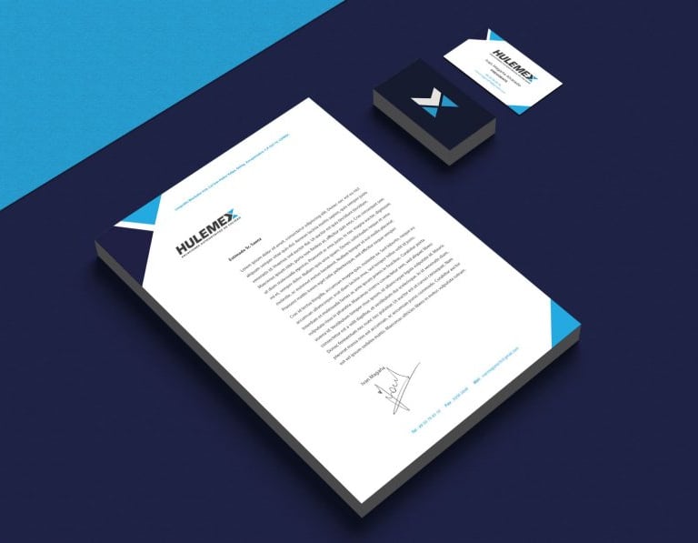 Carta intestata e biglietti da visita Hulemex su sfondo blu, identità visiva aziendale coordinata.